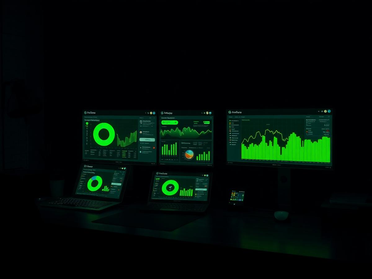 Dark studio desk with glowing analytics dashboards on multiple screens
