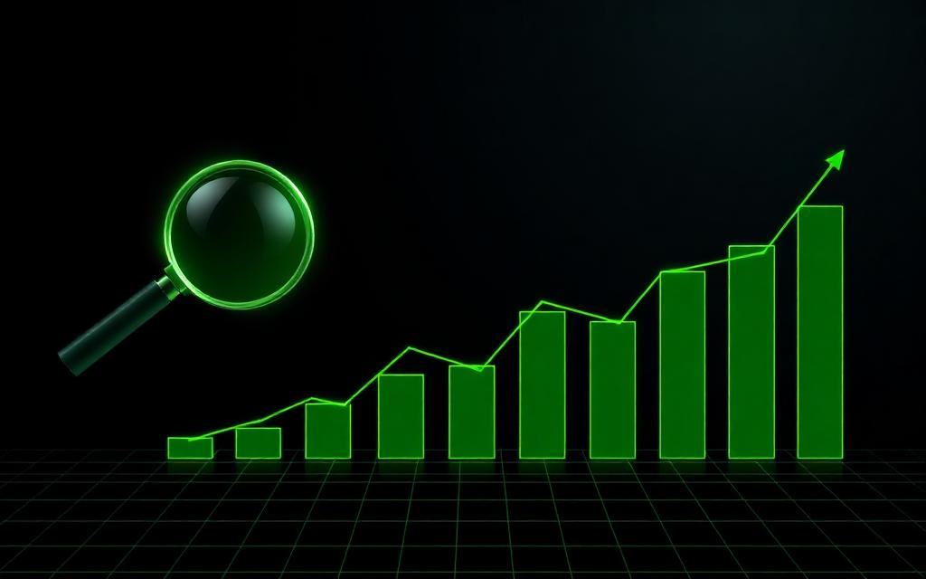 Abstract SEO visual with a magnifier and rising ranking bars